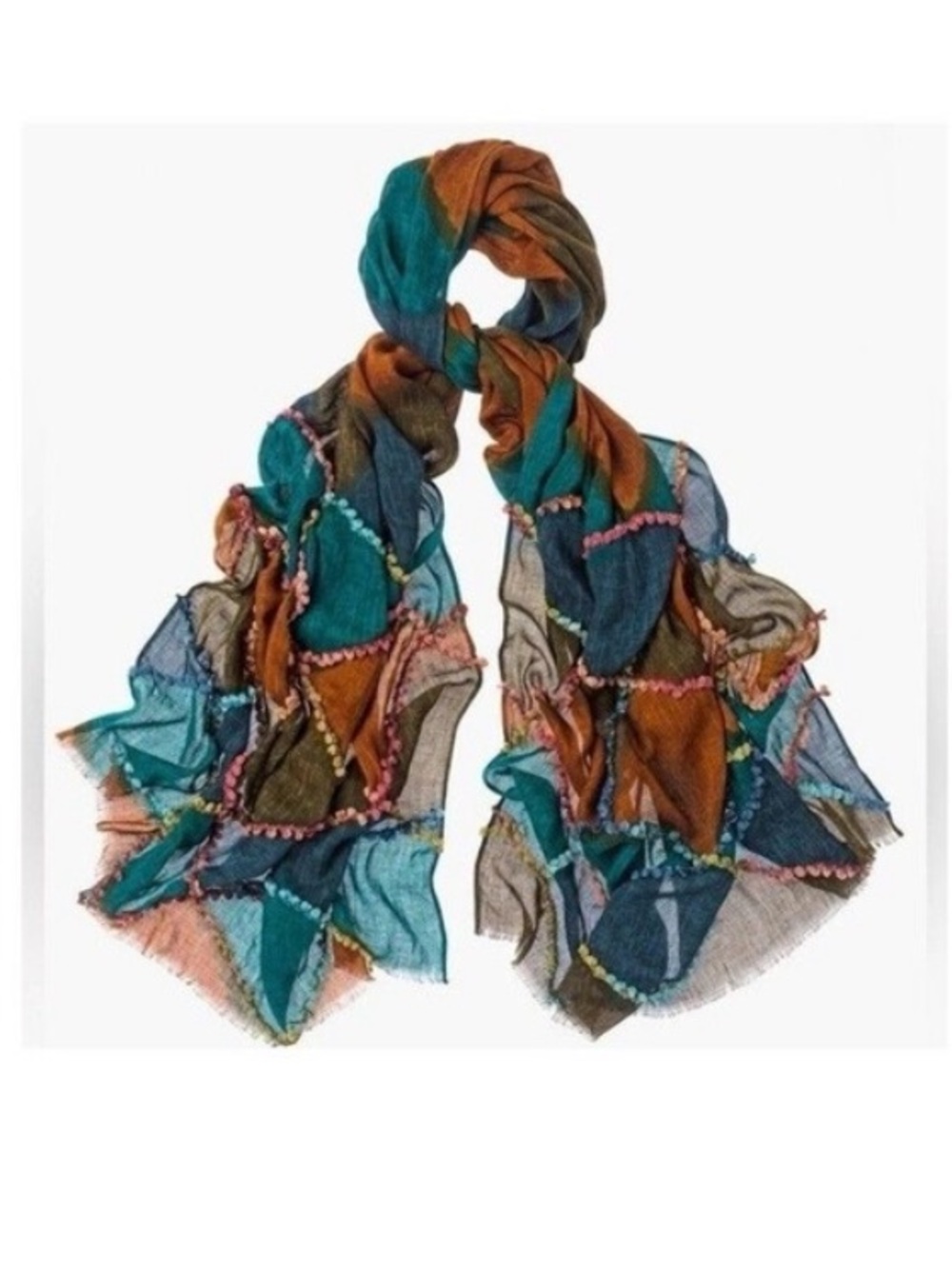 Chico’s Colorful Patchwork Pom Pom Rectangular Scarf boho Bohemian Lagenlook